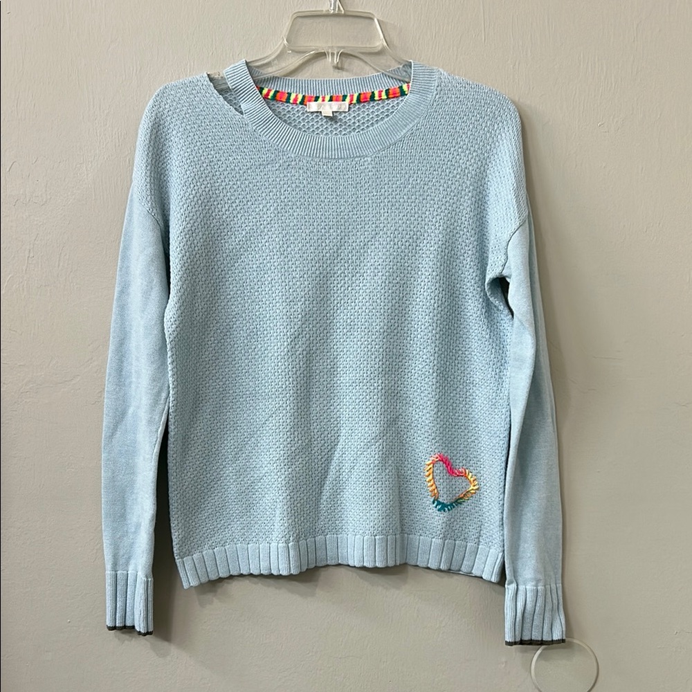 Lisa Todd Lover Light Blue Heart Embroidered Crew Neck Sweater Sz XS - Picture 3 of 7